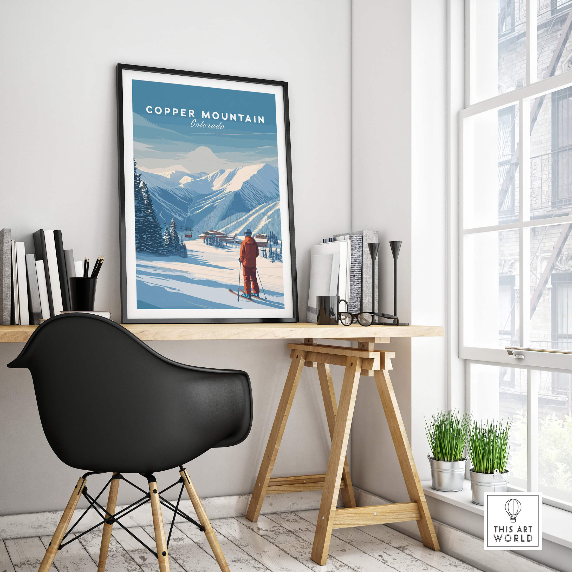 Copper Mountain Ski Poster displayed in a modern workspace, showcasing winter scenery and adventure.