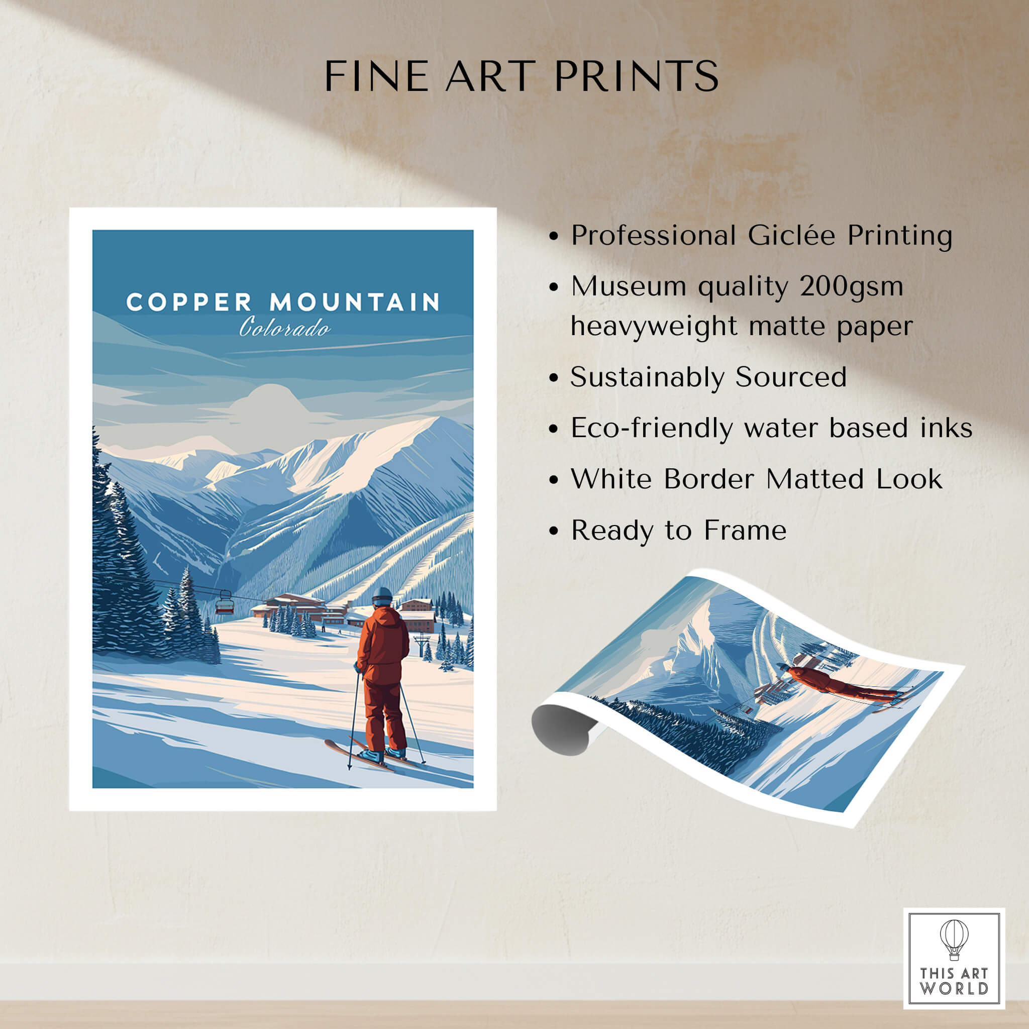 Copper Mountain Ski Poster showcasing winter landscape and skier in Colorado mountains.
