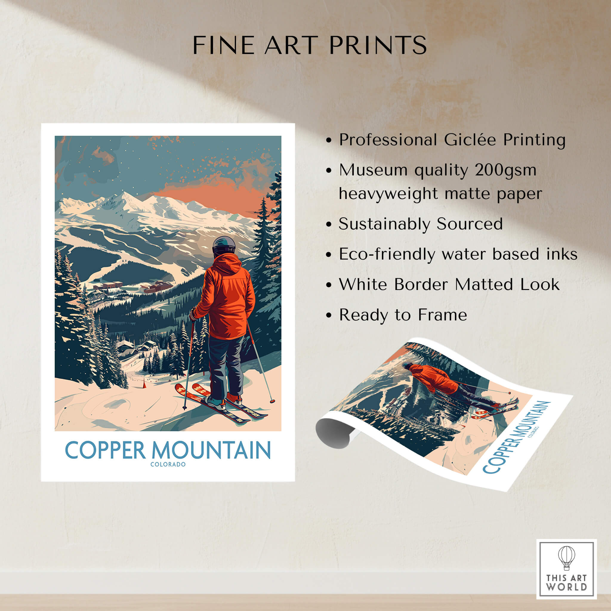 Ski Poster Copper Mountain Wall Art – Winter Sports Colorado showcasing a skier on a snowy mountain.