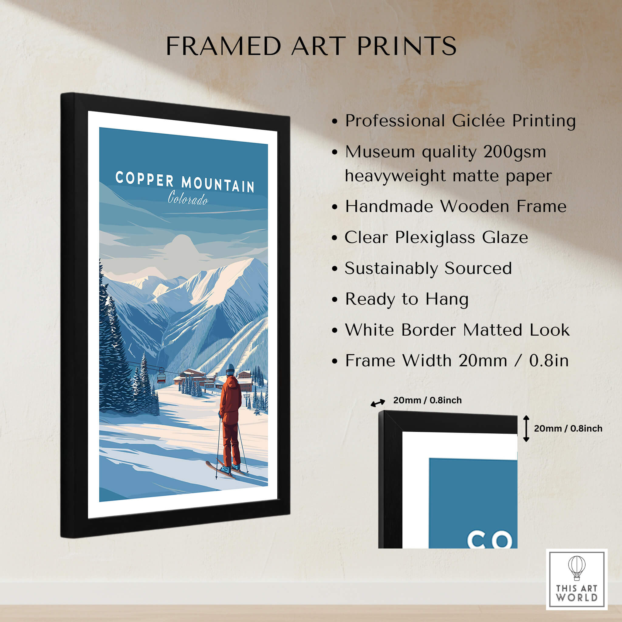 Copper Mountain Ski Poster featuring a framed art print of Colorado's stunning winter landscape.