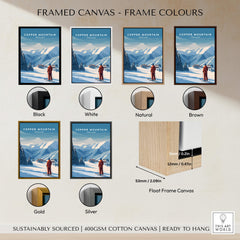 Framed canvas options for Copper Mountain Ski Poster in various colors including black, white, natural, brown, gold, and silver.
