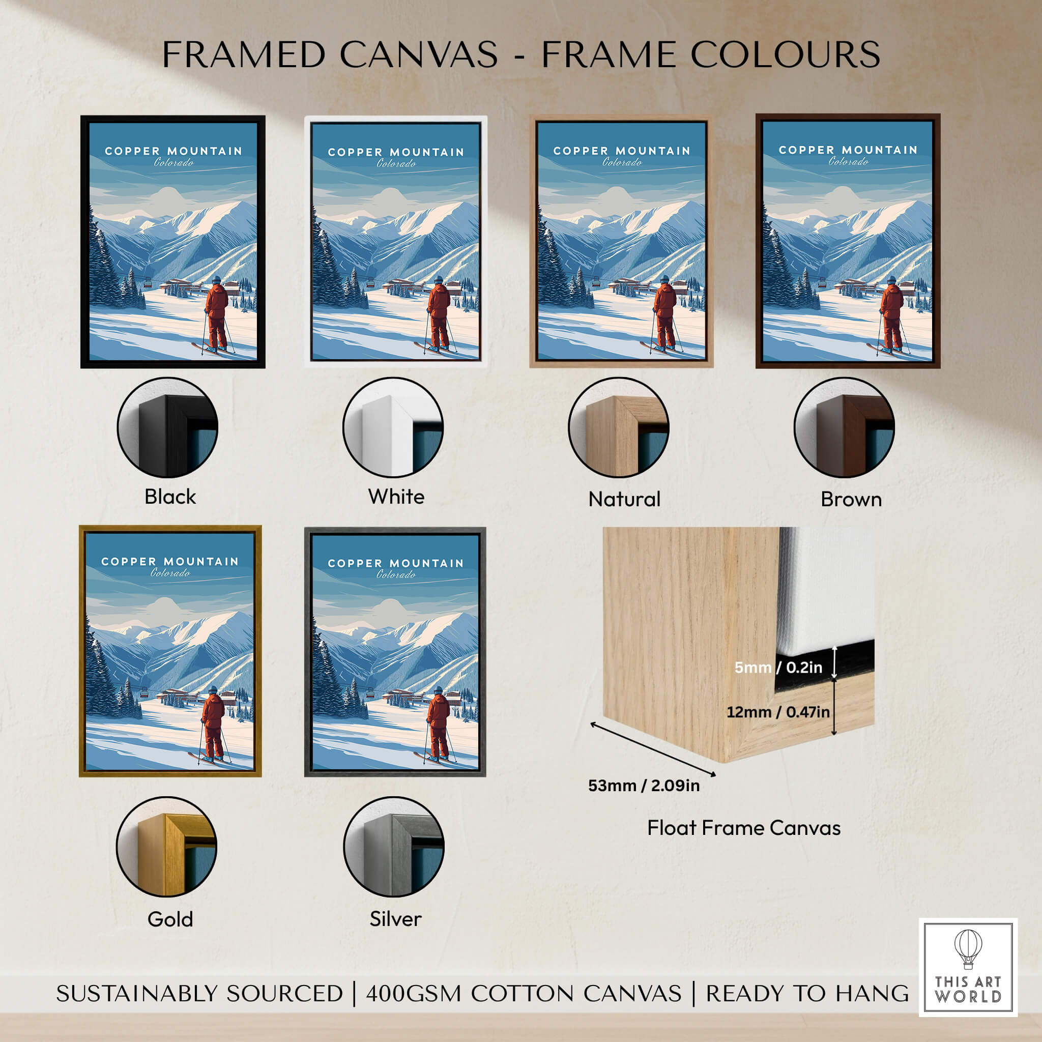 Framed canvas options for Copper Mountain Ski Poster in various colors including black, white, natural, brown, gold, and silver.
