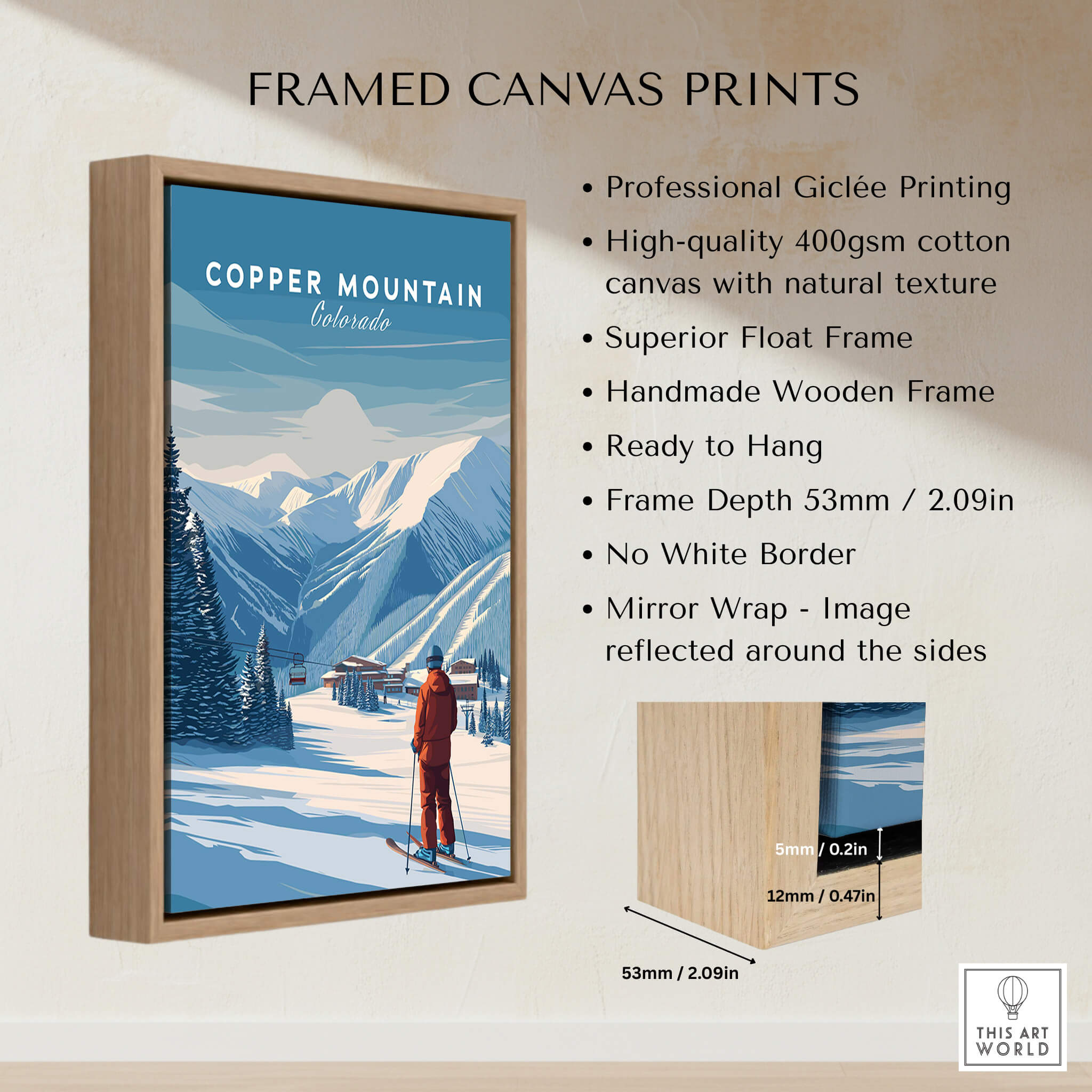 Copper Mountain Ski Poster framed canvas print showcasing professional Giclée printing and natural textures.