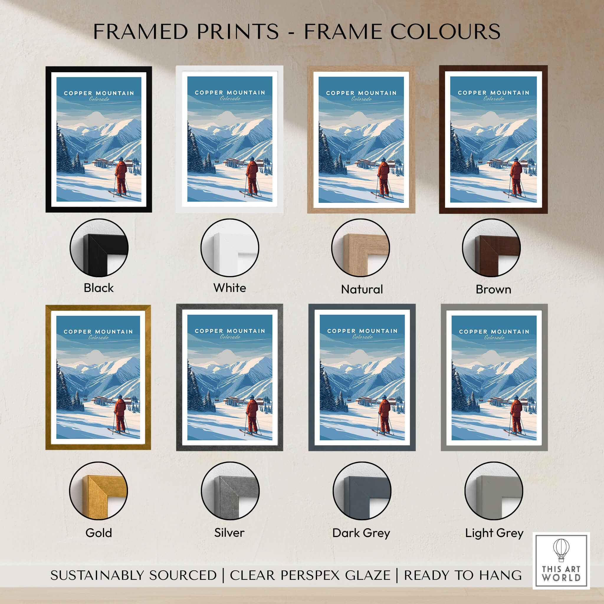 Copper Mountain Ski Poster framed prints in various colors like Black, White, Natural, Brown, Gold, Silver, Dark Grey, Light Grey.