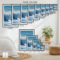 Copper Mountain Ski Poster size guide showcasing various frame options and dimensions for display.