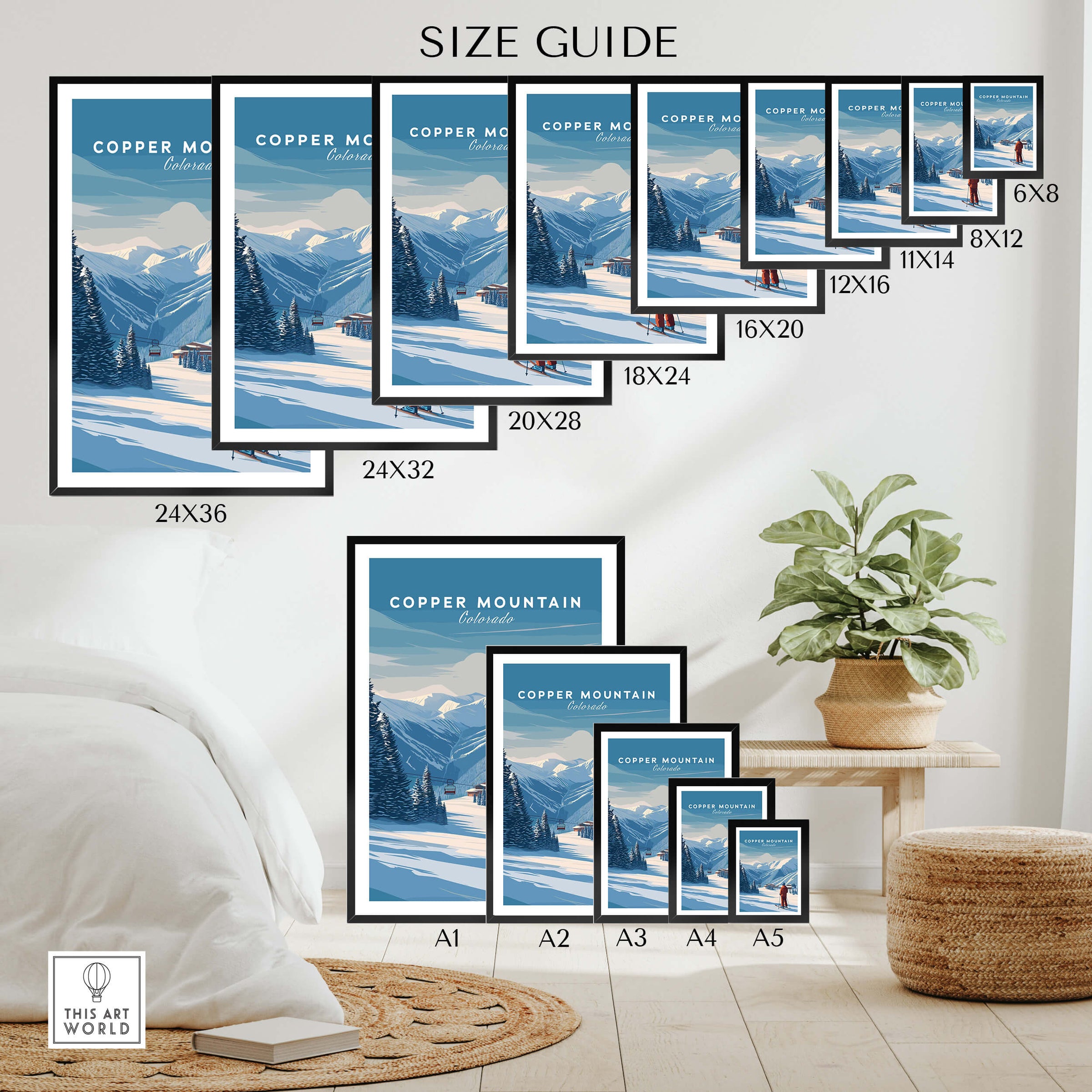 Copper Mountain Ski Poster size guide showcasing various frame options and dimensions for display.
