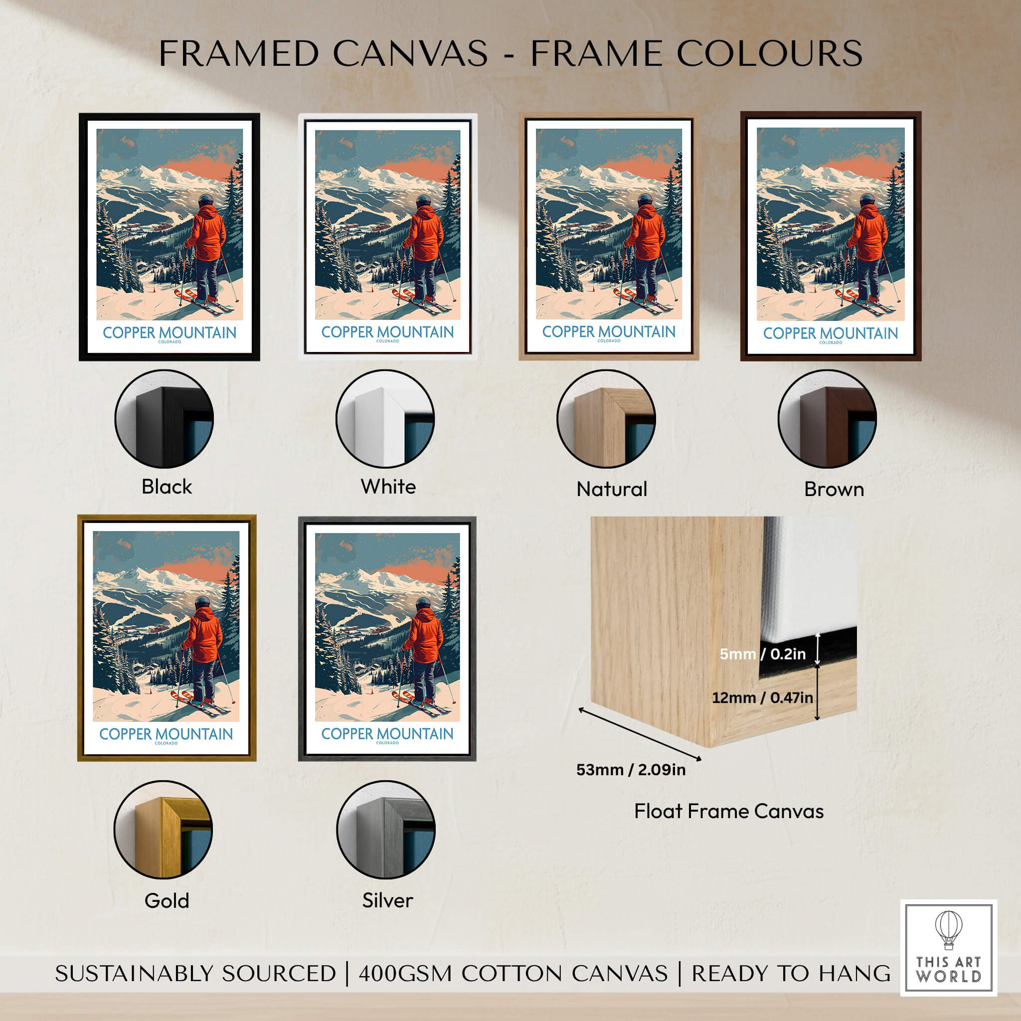 Framed canvas options for Ski Poster Copper Mountain Wall Art – Winter Sports Colorado in various colors.