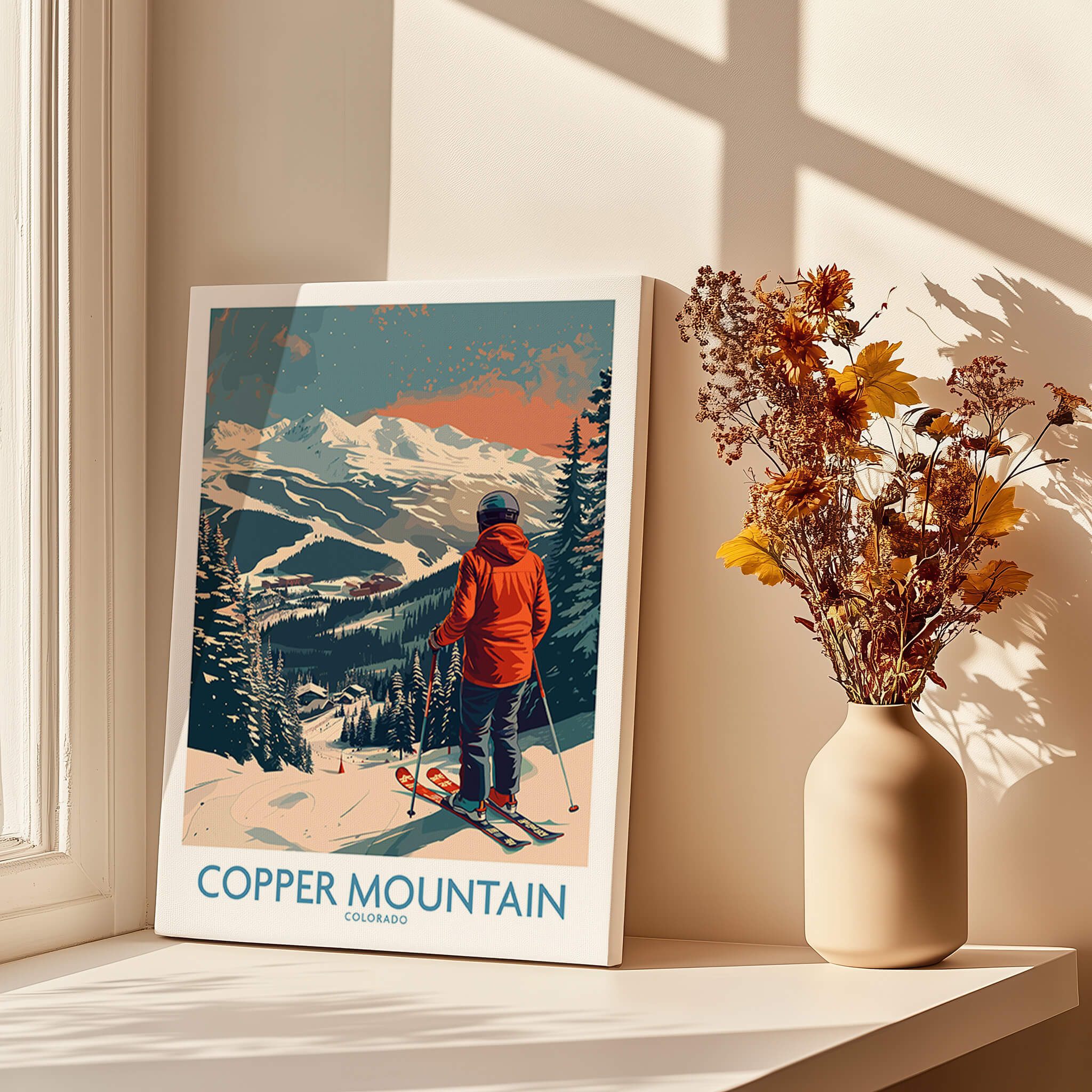 Ski Poster Copper Mountain Wall Art – Winter Sports Colorado showcased in a bright room with a vase of flowers.