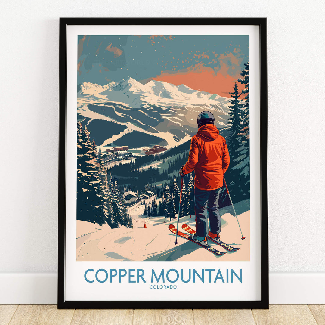 Ski Poster Copper Mountain Wall Art – Winter Sports Colorado featuring a skier overlooking alpine slopes.