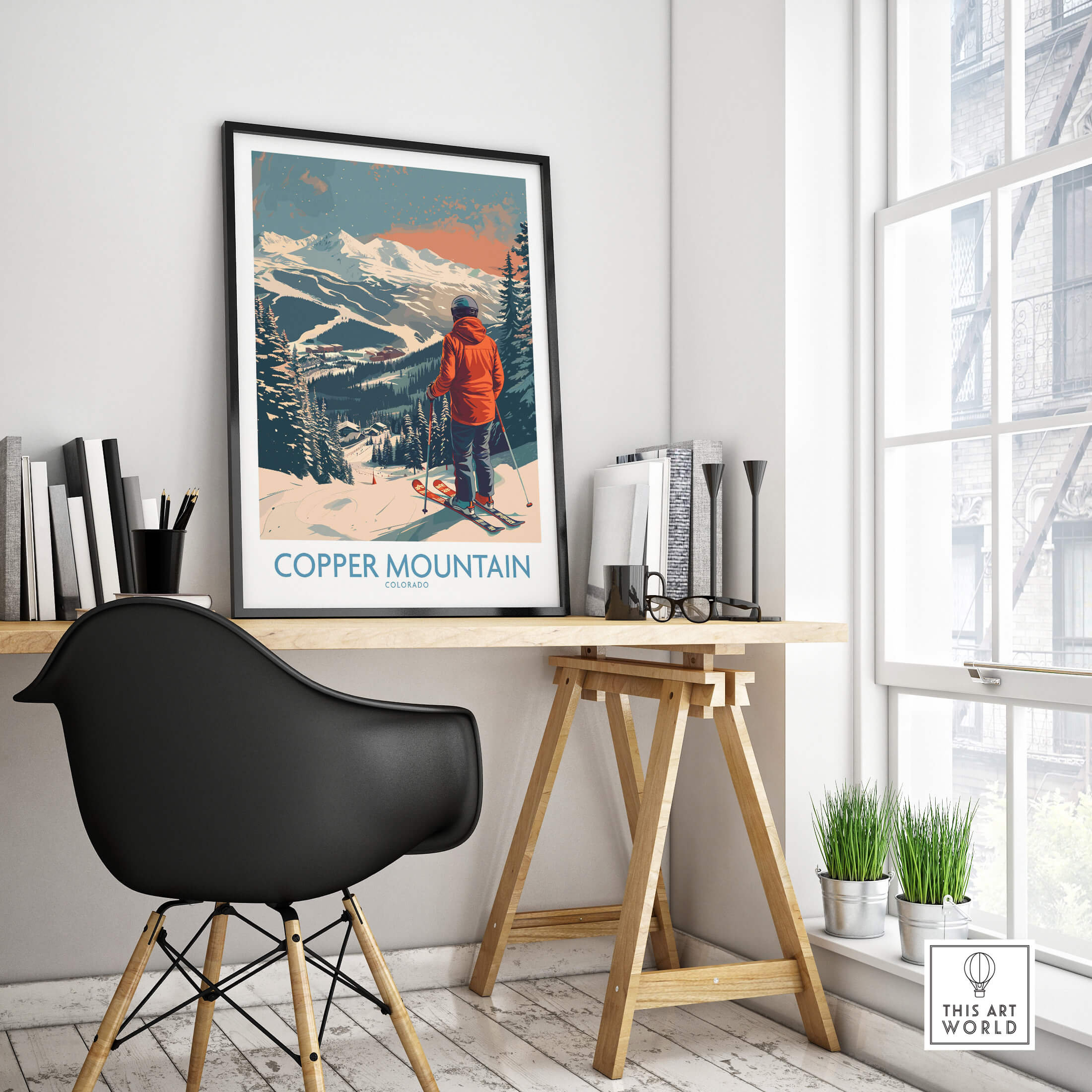 Ski Poster Copper Mountain Wall Art – Winter Sports Colorado displayed in a modern workspace, showcasing alpine beauty.