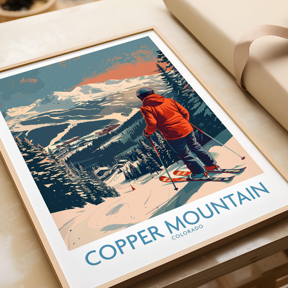 Ski Poster Copper Mountain Wall Art – Winter Sports Colorado featuring a skier overlooking alpine slopes.