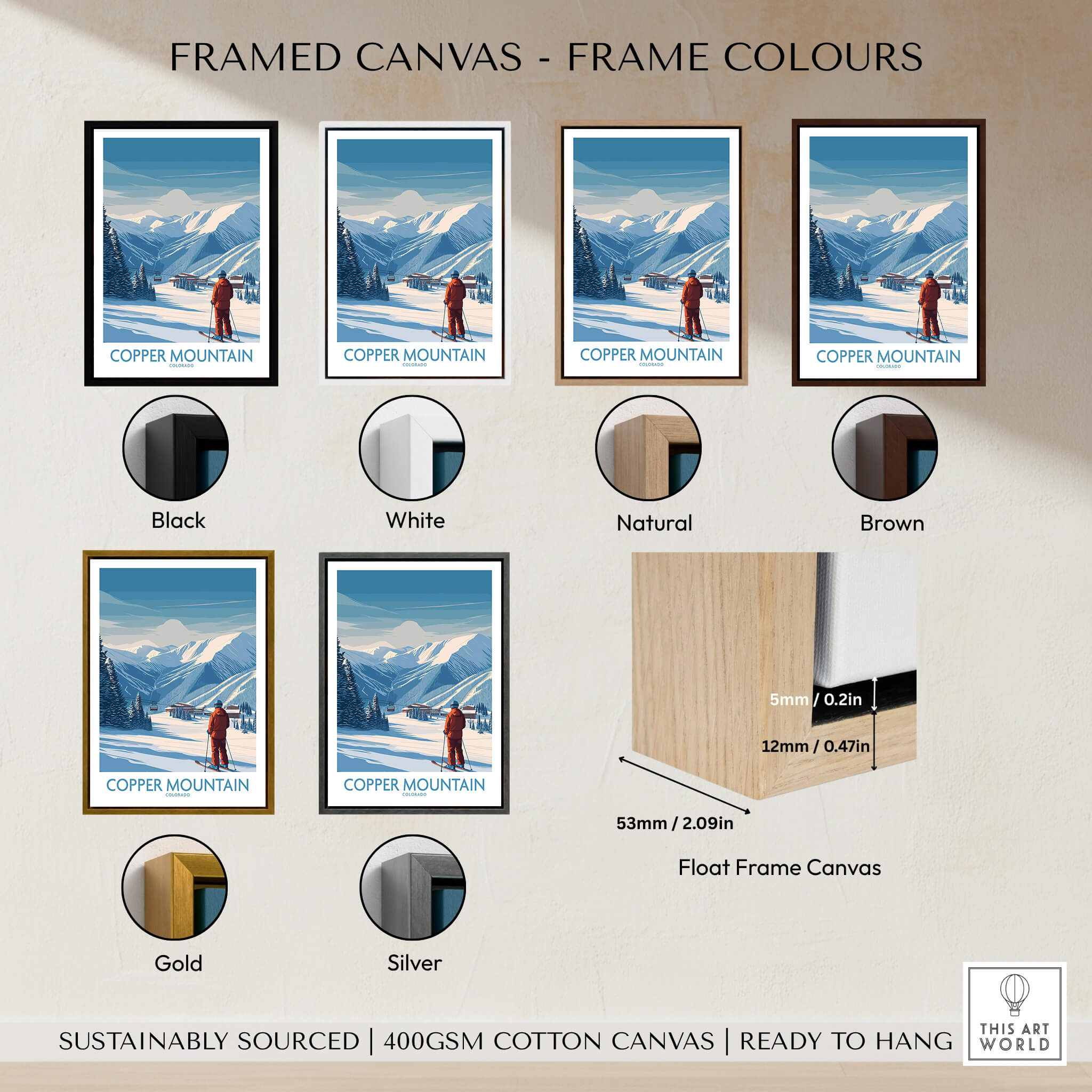 Framed canvas colors for Copper Mountain Ski Wall Art – Winter Sports Colorado, showcasing options in black, white, natural, brown, gold, and silver.