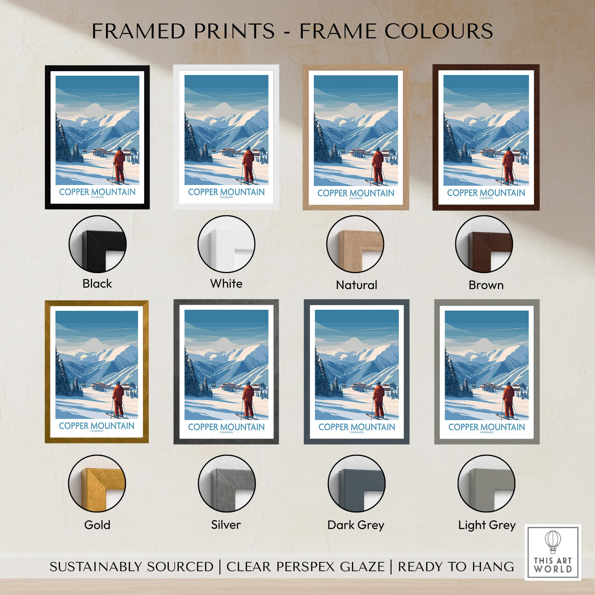 Framed prints with various frame colors showcasing Copper Mountain Ski Wall Art – Winter Sports Colorado.