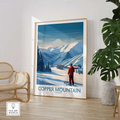 Copper Mountain Ski Wall Art – Winter Sports Colorado displayed in a stylish living room setting with mountain backdrop.