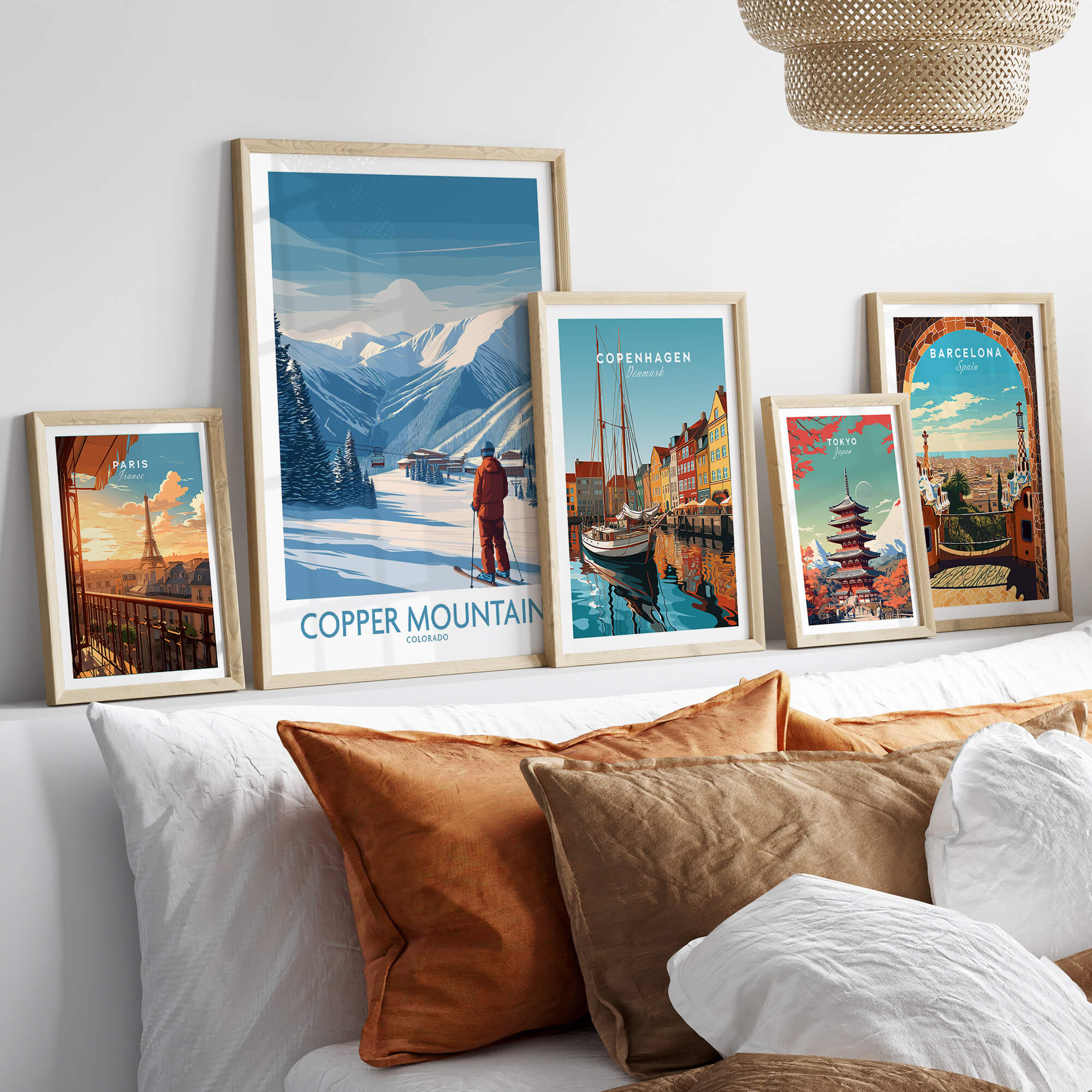 Copper Mountain Ski Wall Art – Winter Sports Colorado displayed in a cozy living room setting with other travel-themed prints.