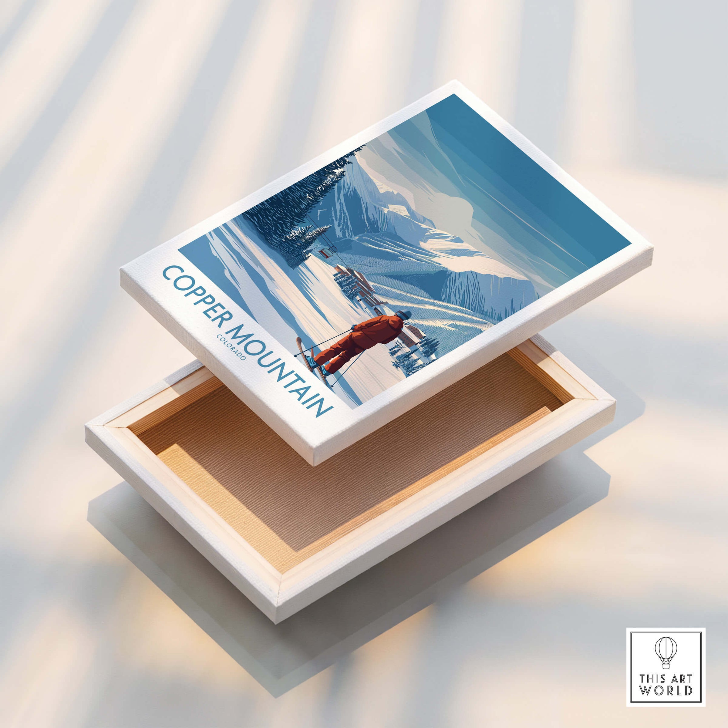 Copper Mountain Ski Wall Art – Winter Sports Colorado stylishly displayed in an open box, showcasing winter adventure.