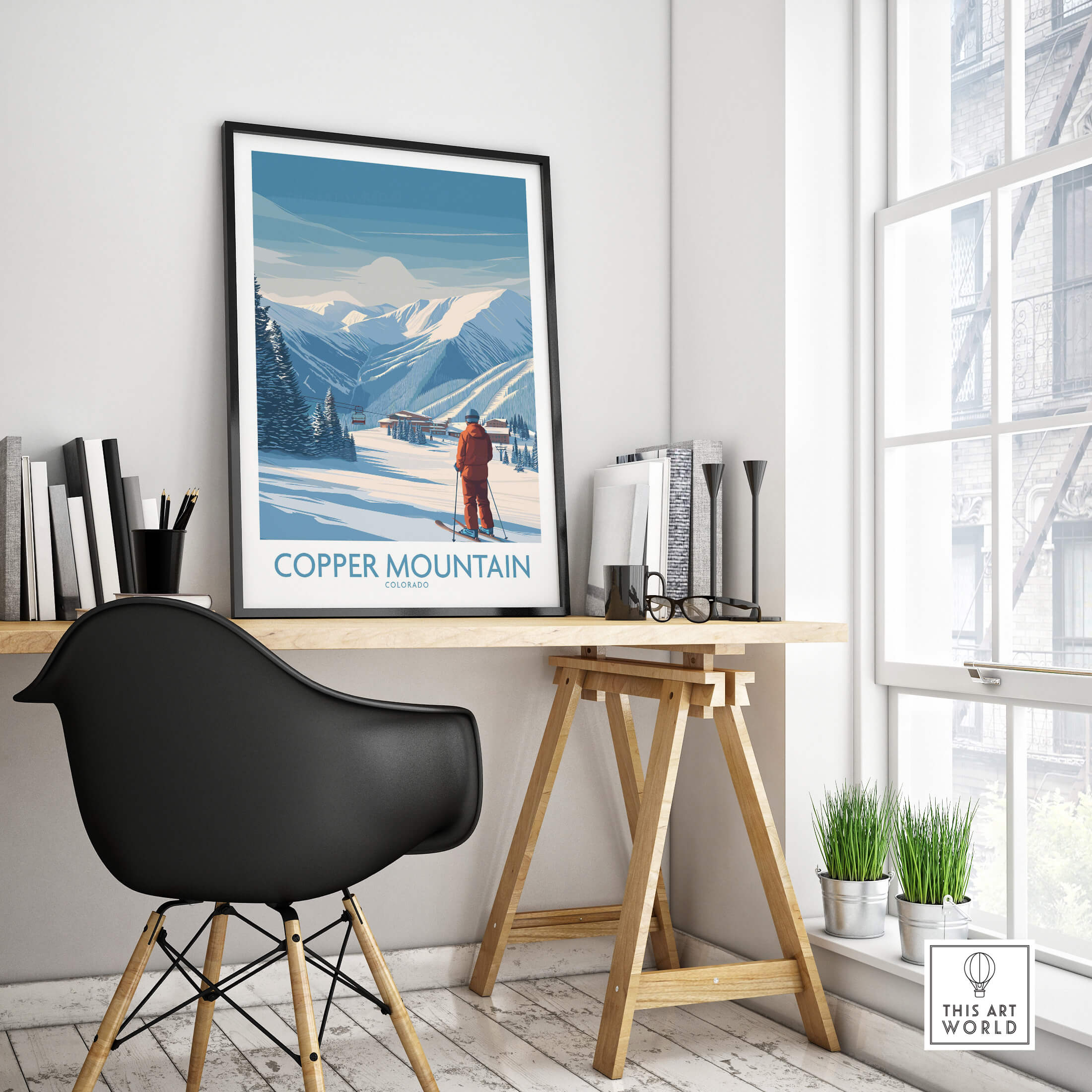 Copper Mountain Ski Wall Art – Winter Sports Colorado displayed in a modern home office with a sleek chair and desk.