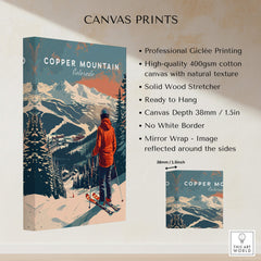 Copper Mountain Travel Poster – Skiing Into Sunset, featuring a skier against snow-covered mountains and a sunset background.