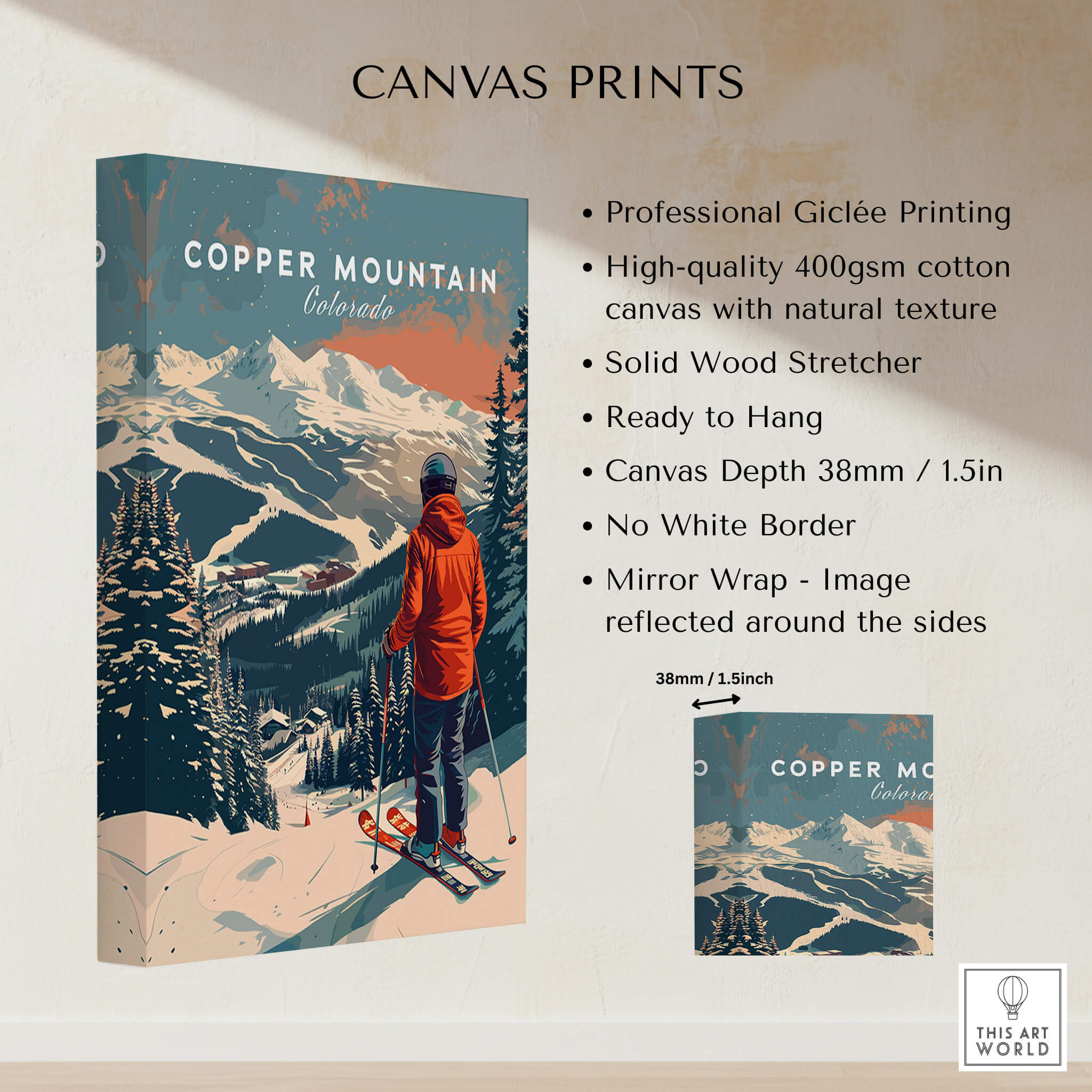 Copper Mountain Travel Poster – Skiing Into Sunset, featuring a skier against snow-covered mountains and a sunset background.