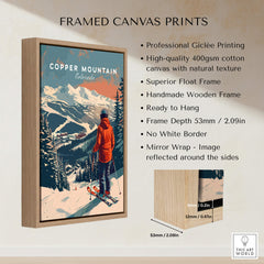 Copper Mountain Travel Poster – Skiing Into Sunset framed canvas print showcasing skiers against a sunset backdrop.