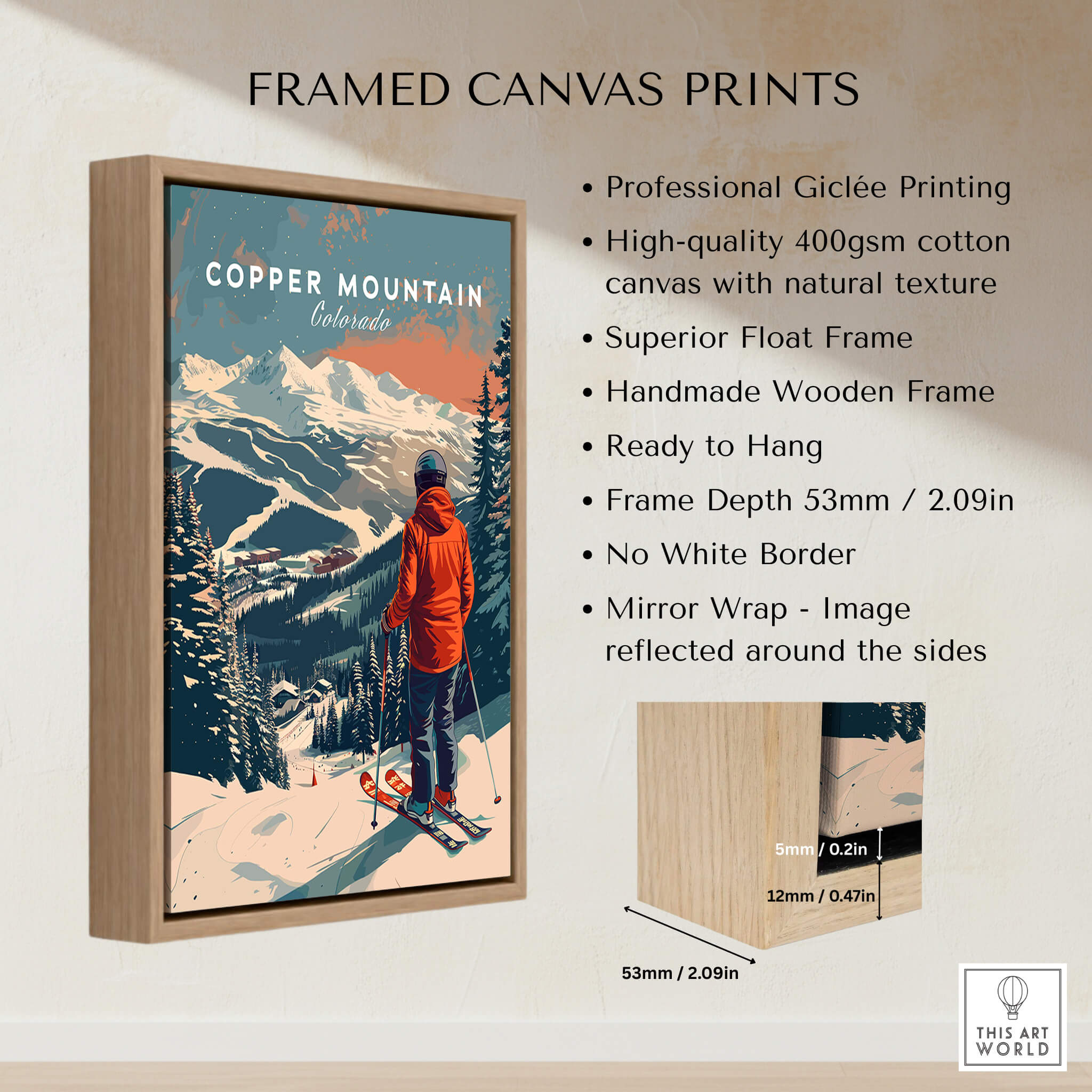 Copper Mountain Travel Poster – Skiing Into Sunset framed canvas print showcasing skiers against a sunset backdrop.