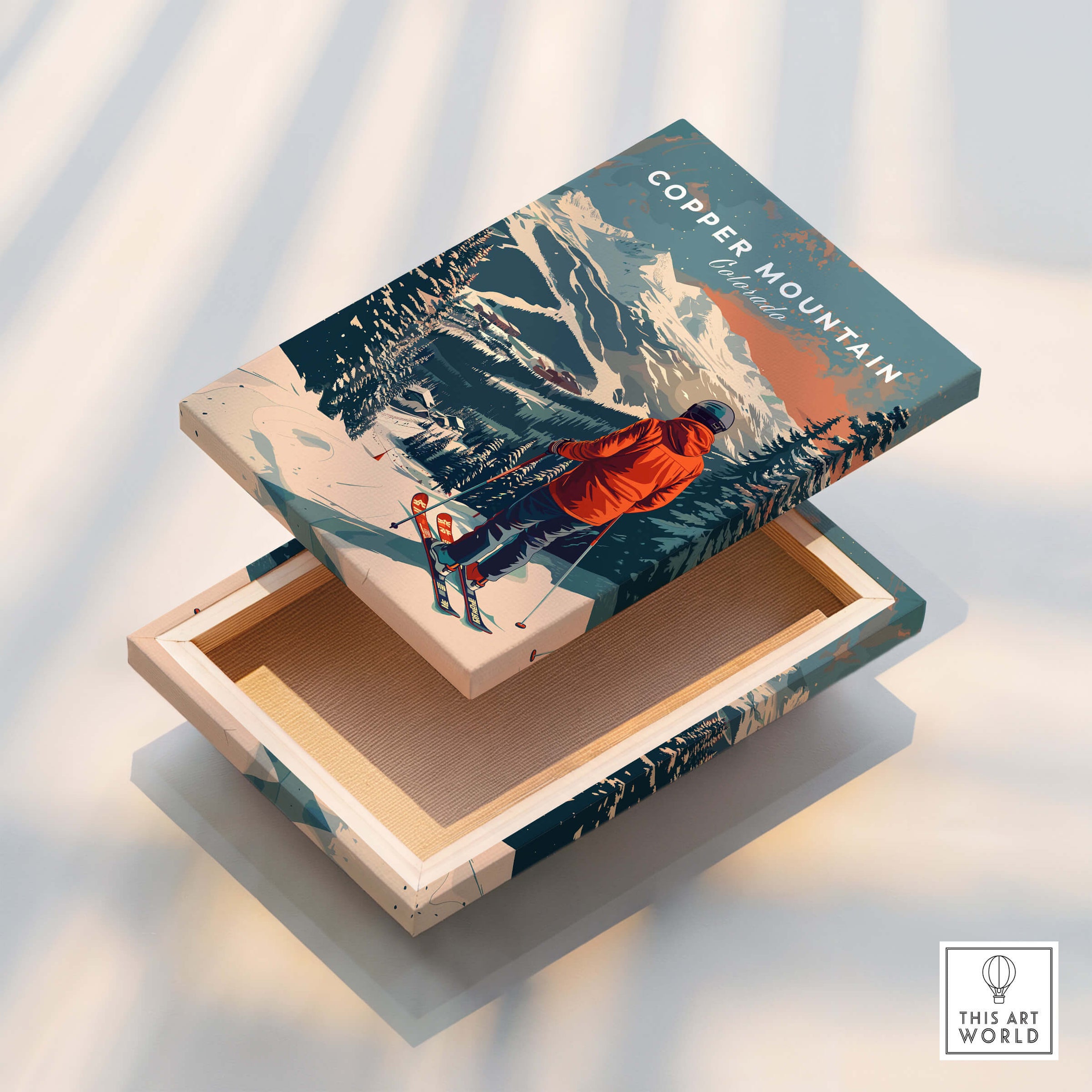 Copper Mountain Travel Poster – Skiing Into Sunset on a decorative box with a skier and mountains.