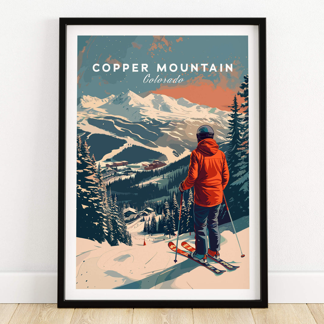 Copper Mountain Travel Poster – Skiing Into Sunset featuring a skier overlooking snowy slopes and mountains at sunset.