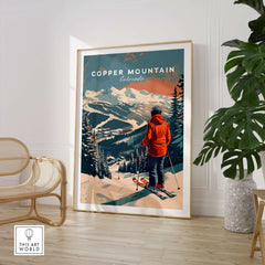 Copper Mountain Travel Poster – Skiing Into Sunset featuring a skier in Colorado against a stunning mountain backdrop.