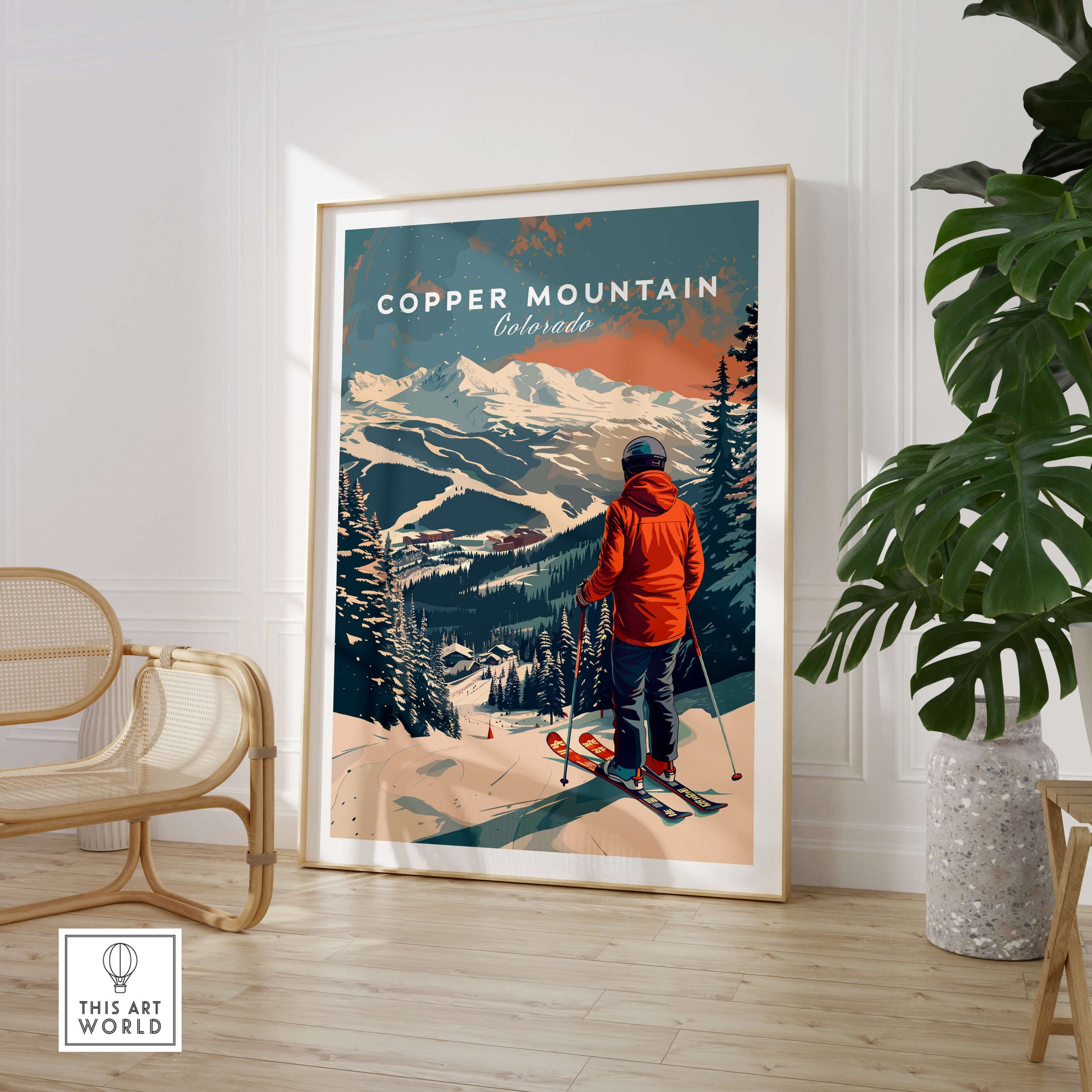 Copper Mountain Travel Poster – Skiing Into Sunset featuring a skier in Colorado against a stunning mountain backdrop.