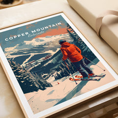 Copper Mountain Travel Poster – Skiing Into Sunset featuring a skier overlooking pristine slopes in Colorado.
