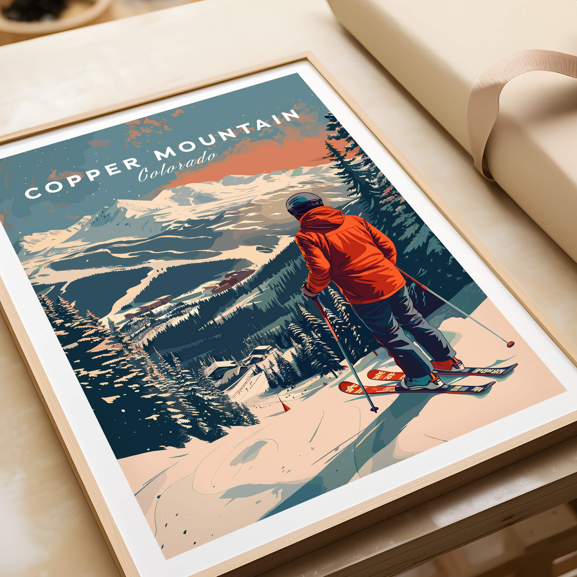 Copper Mountain Travel Poster – Skiing Into Sunset featuring a skier overlooking pristine slopes in Colorado.