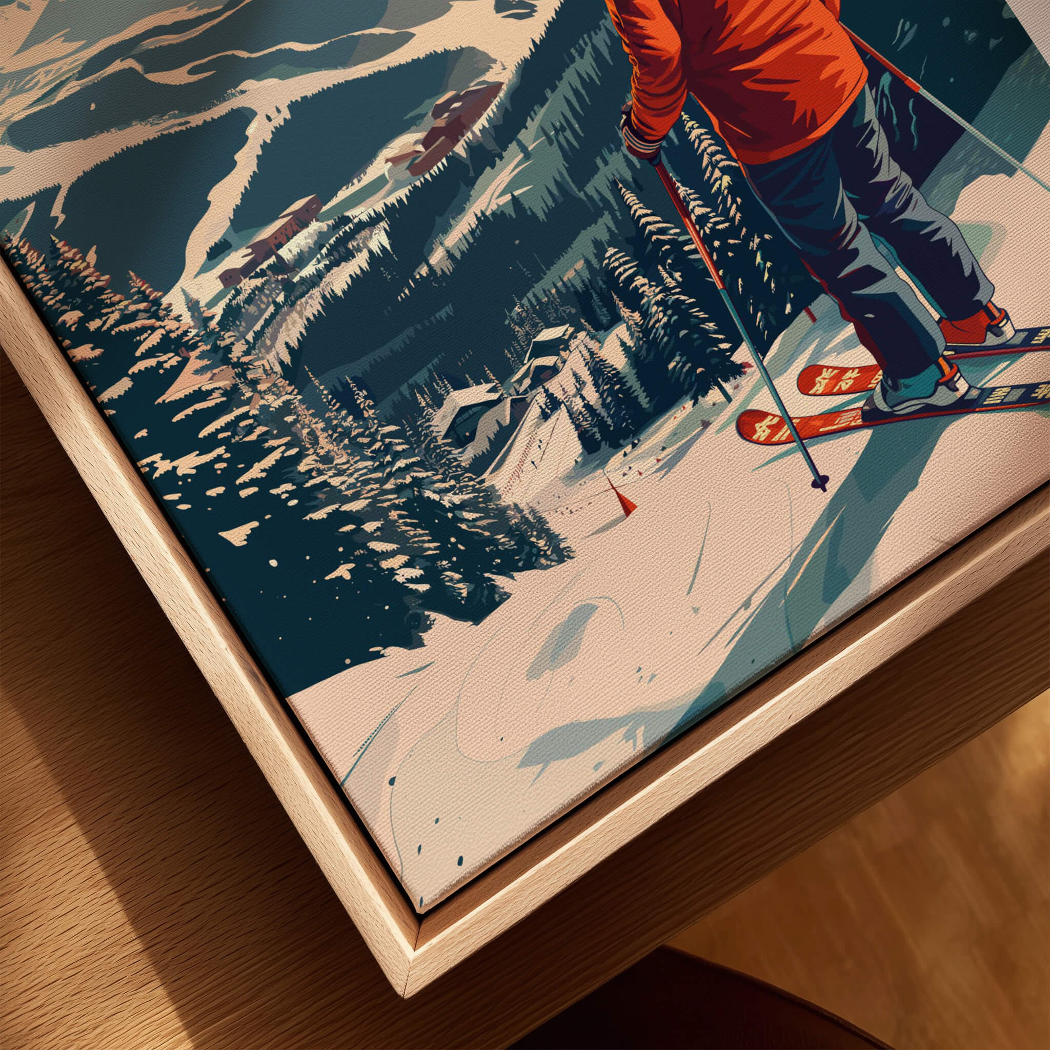 Copper Mountain Travel Poster – Skiing Into Sunset featuring a skier in an orange jacket on a snowy slope.