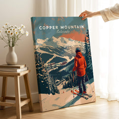 Copper Mountain Travel Poster – Skiing Into Sunset depicting a skier overlooking snowy mountains in Colorado.