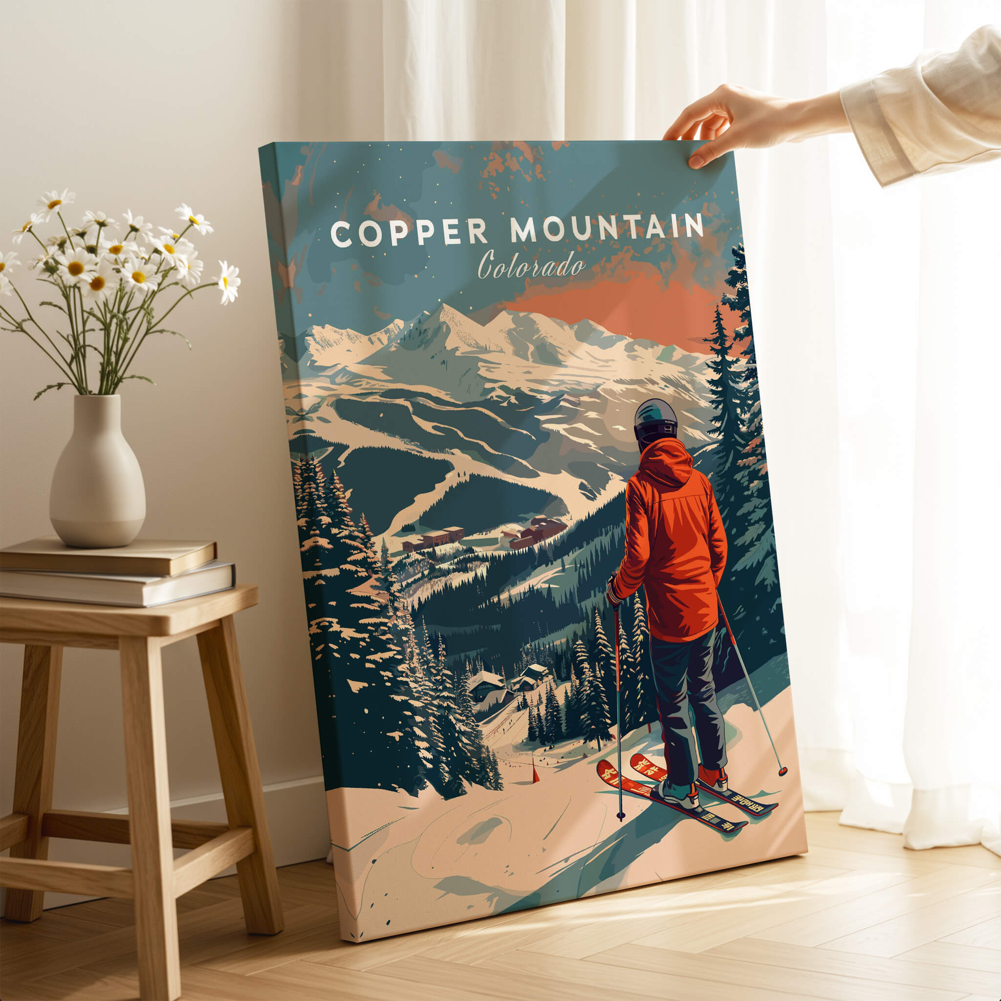 Copper Mountain Travel Poster – Skiing Into Sunset depicting a skier overlooking snowy mountains in Colorado.