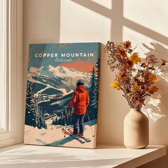 Copper Mountain Travel Poster – Skiing Into Sunset featuring a skier overlooking snowy peaks and a scenic landscape.