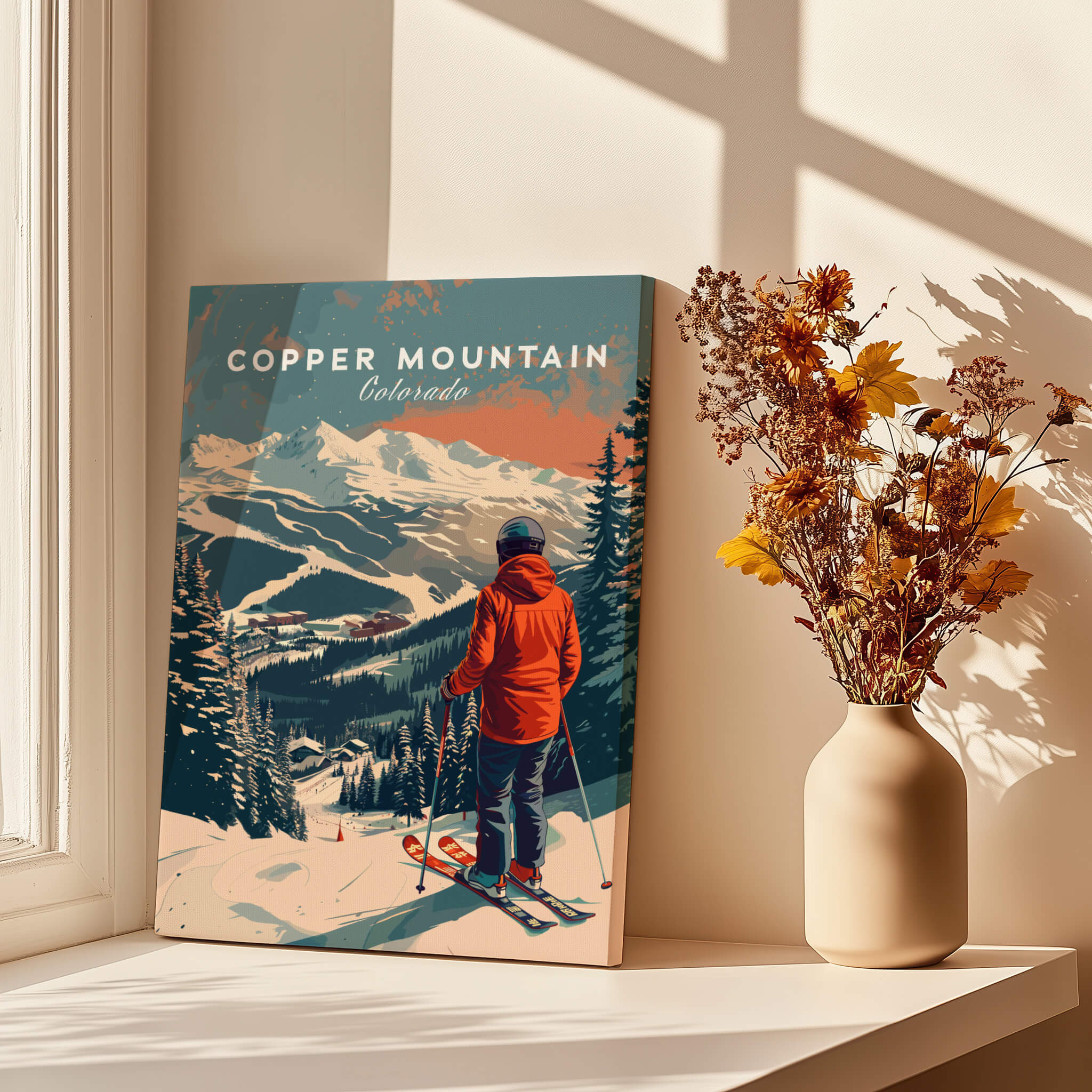 Copper Mountain Travel Poster – Skiing Into Sunset featuring a skier overlooking snowy peaks and a scenic landscape.
