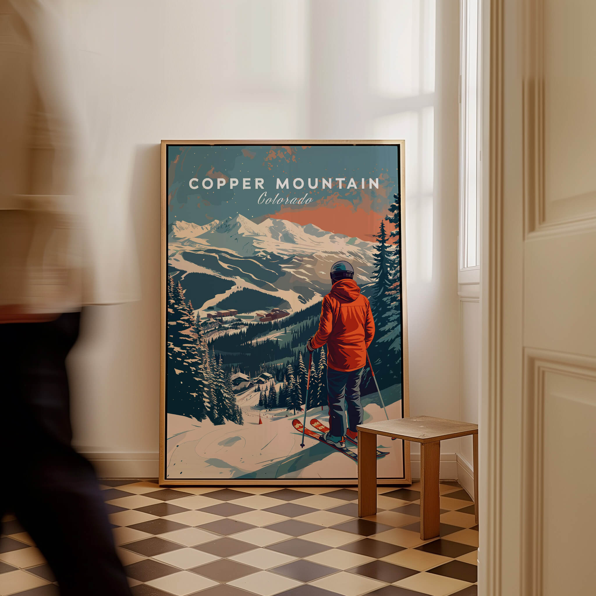Copper Mountain Travel Poster – Skiing Into Sunset, featuring a skier admiring the snowy landscape in Colorado.