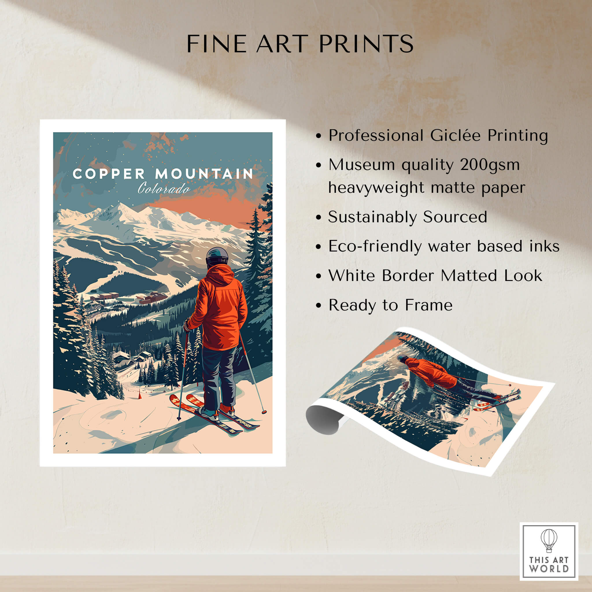 Copper Mountain Travel Poster – Skiing Into Sunset showcasing a skier with mountains in the background.