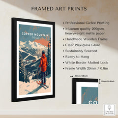 Copper Mountain Travel Poster – Skiing Into Sunset framed art print showcasing skiers against a stunning sunset backdrop.