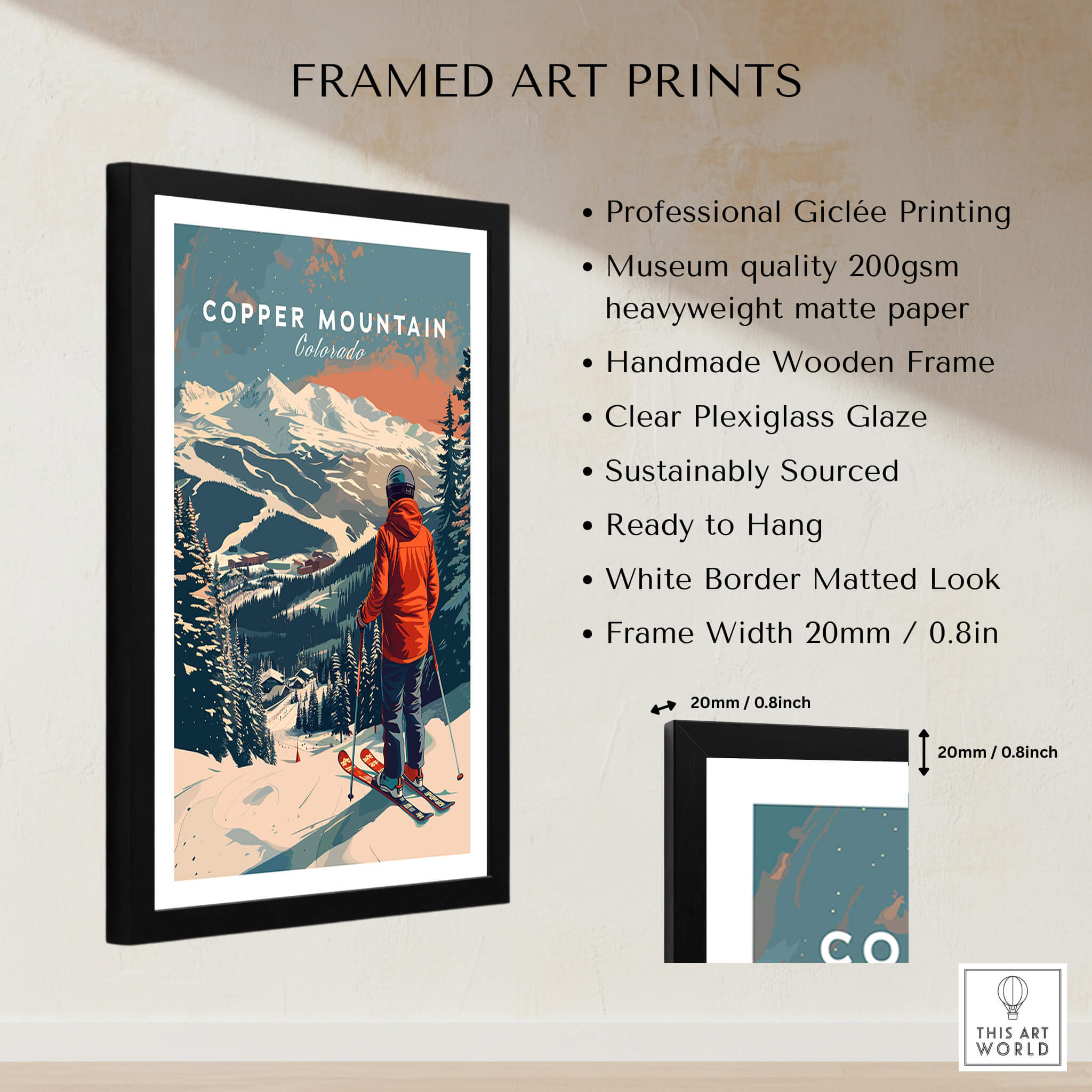 Copper Mountain Travel Poster – Skiing Into Sunset framed art print showcasing skiers against a stunning sunset backdrop.