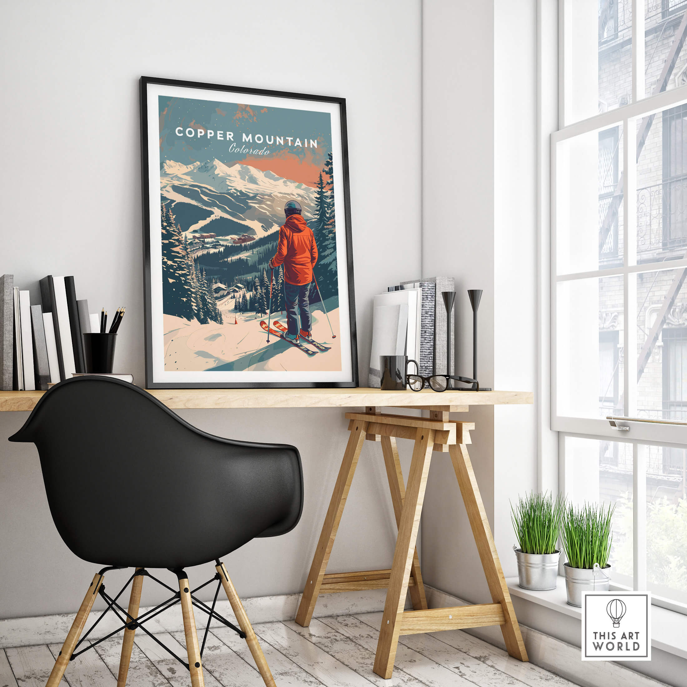 Copper Mountain Travel Poster – Skiing Into Sunset framed on a wall, showcasing a skier against a snowy landscape.