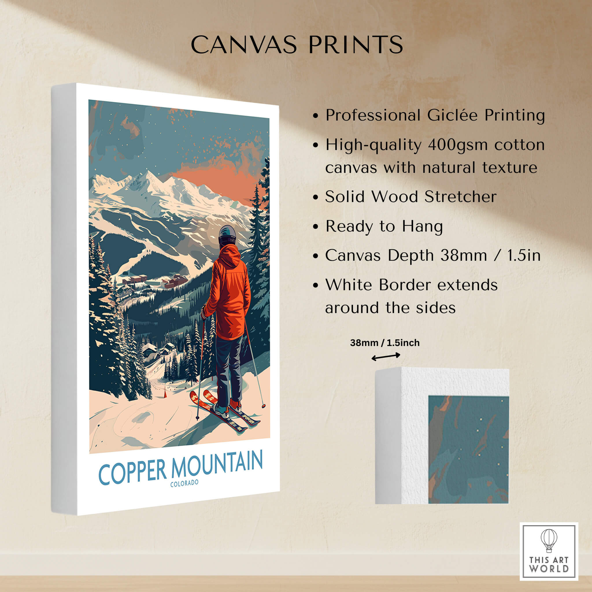 Ski Poster Copper Mountain Wall Art – Winter Sports Colorado displayed on a wall, showcasing winter sports theme.