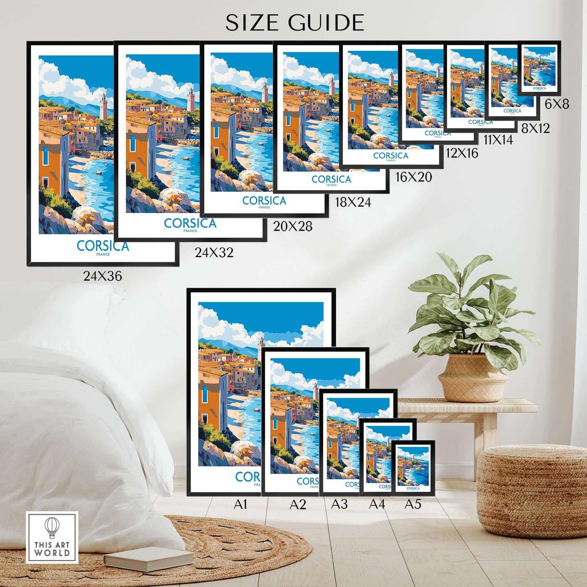 Size guide for Corsica Art Print showcasing various dimensions for home decor options.