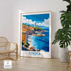 Corsica Art Print showcasing picturesque coastal scenery of Corsica, France in a modern home interior.