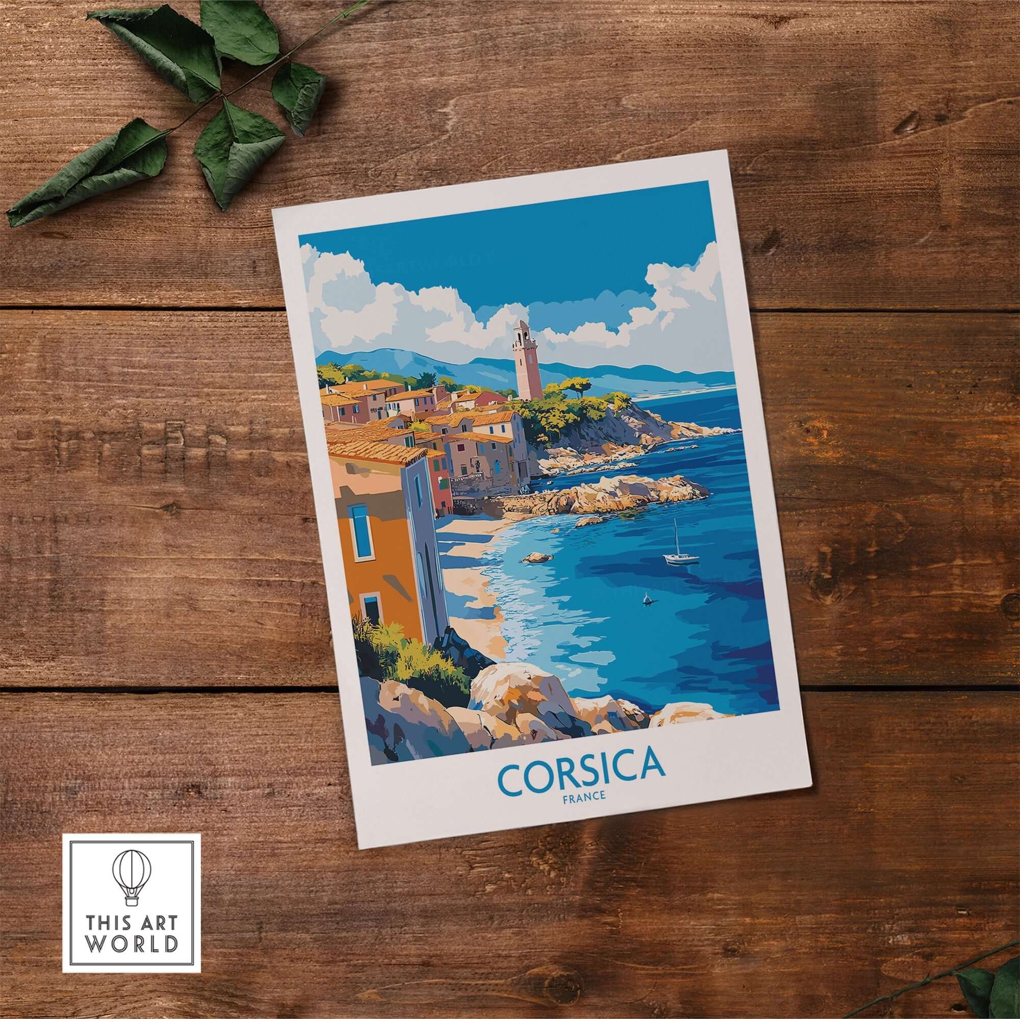Corsica Art Print showcasing beautiful coastal landscape and charming village scenery in vibrant colors.