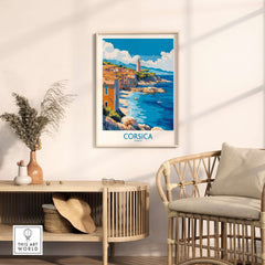 Corsica Art Print displayed in a stylish living room, showcasing vibrant landscapes of Corsica and enhancing home decor.