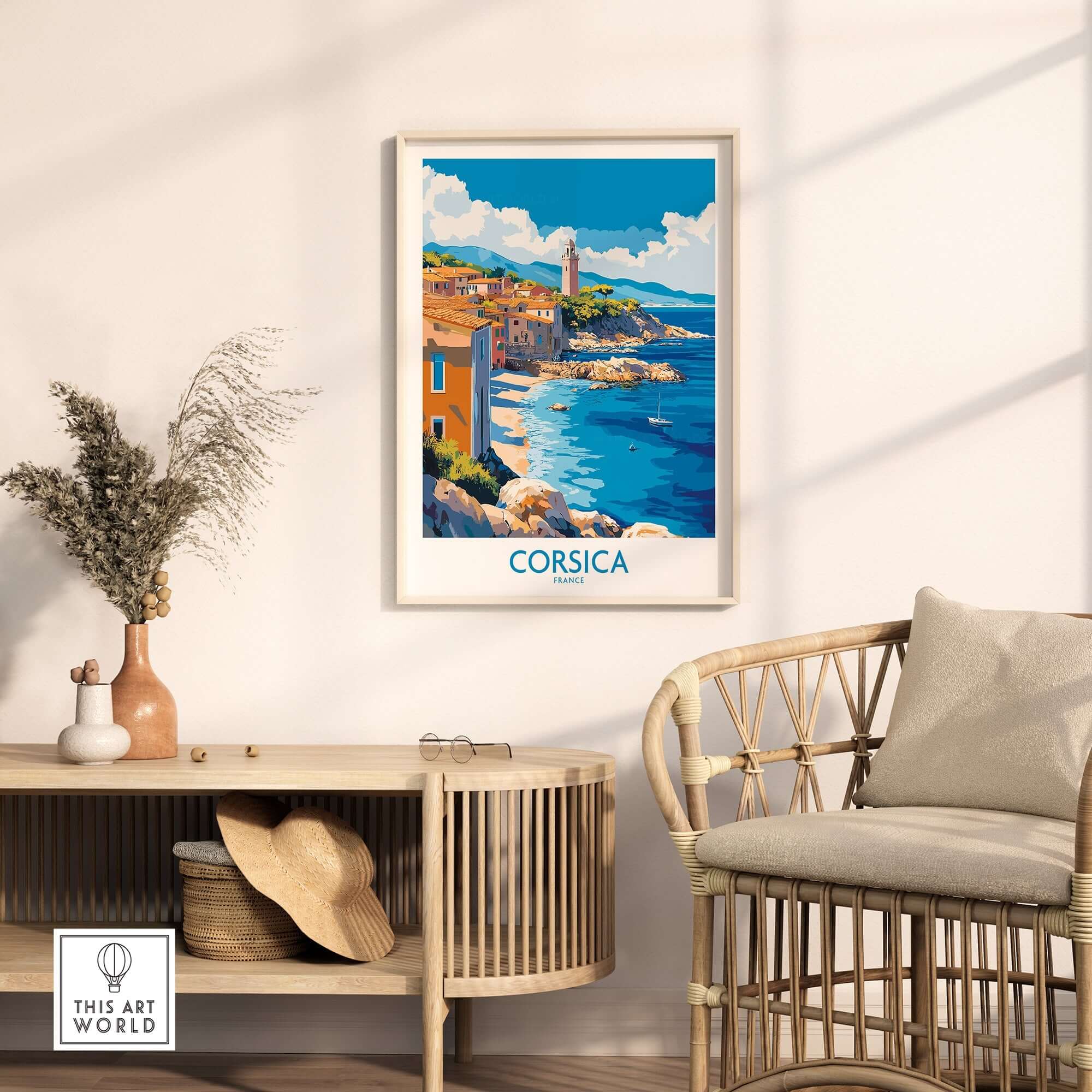Corsica Art Print displayed in a stylish living room, showcasing vibrant landscapes of Corsica and enhancing home decor.