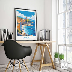 Corsica Art Print displayed in a stylish home office setting, enhancing interior decor with stunning coastal views.