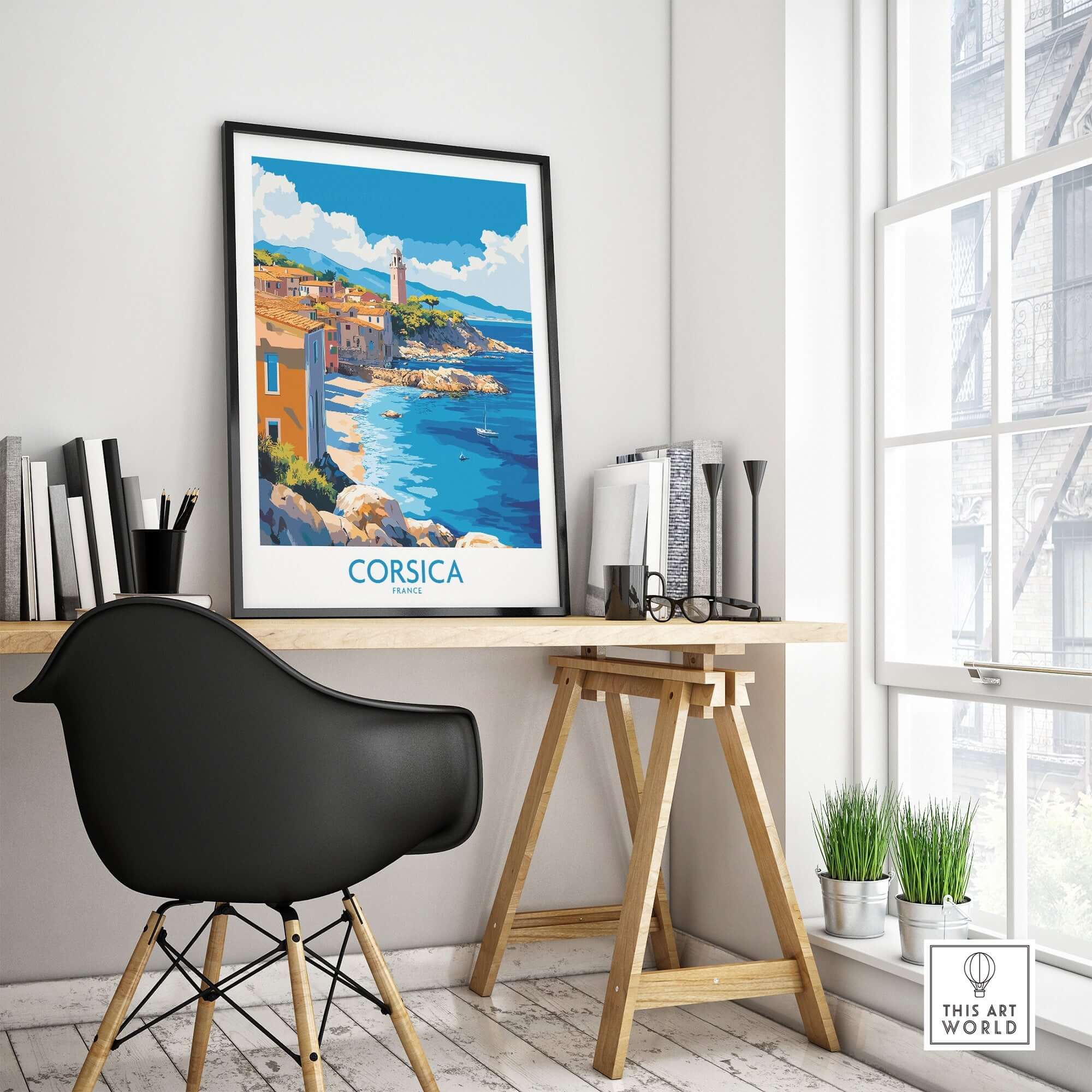 Corsica Art Print displayed in a stylish home office setting, enhancing interior decor with stunning coastal views.