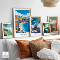 Corsica Art Print displayed among framed travel prints showcasing beautiful landscapes and coastal scenes.